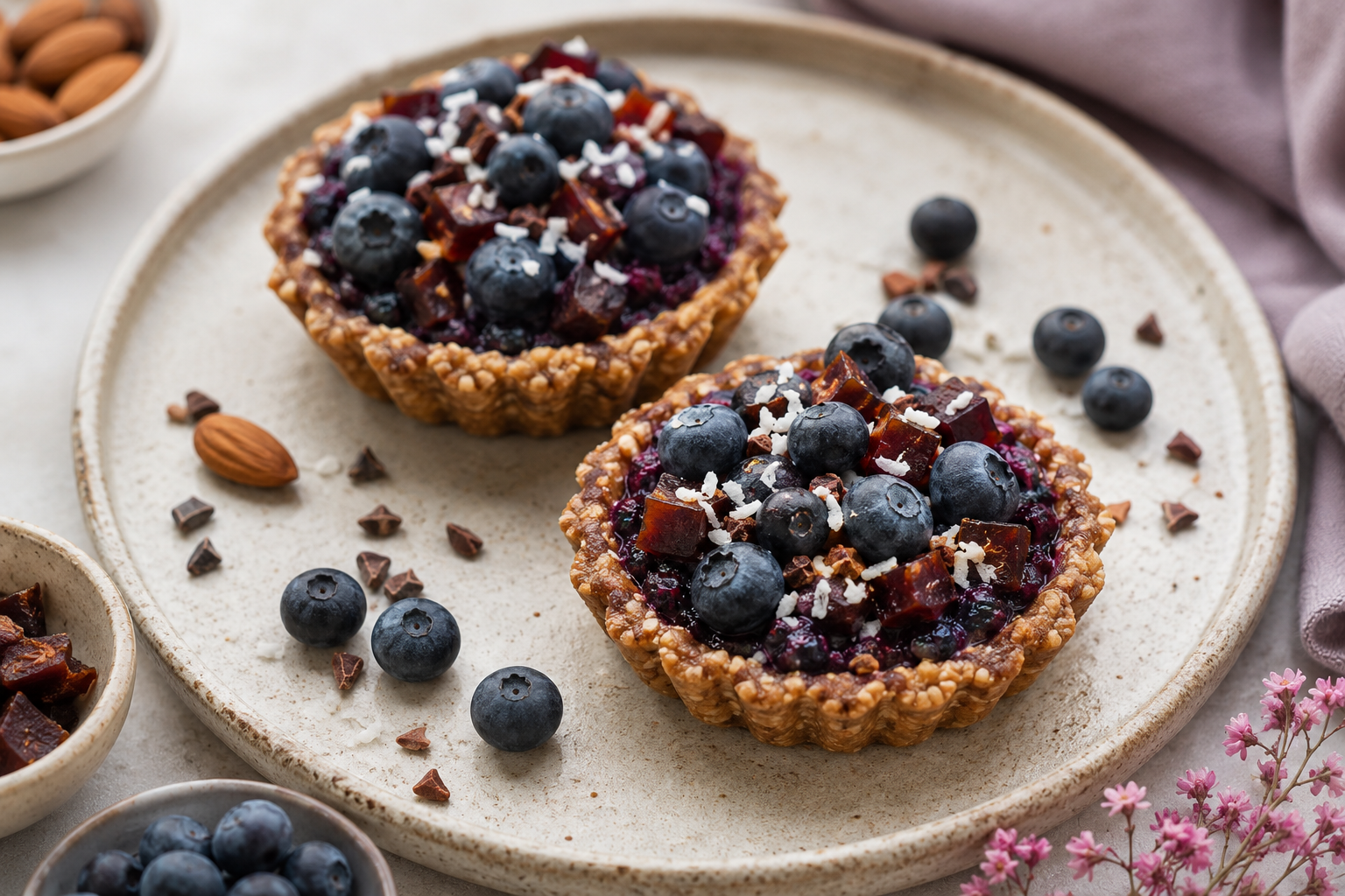 Fresh Blueberry tarts with nuts, coconut and cardamom extract- Purextracts