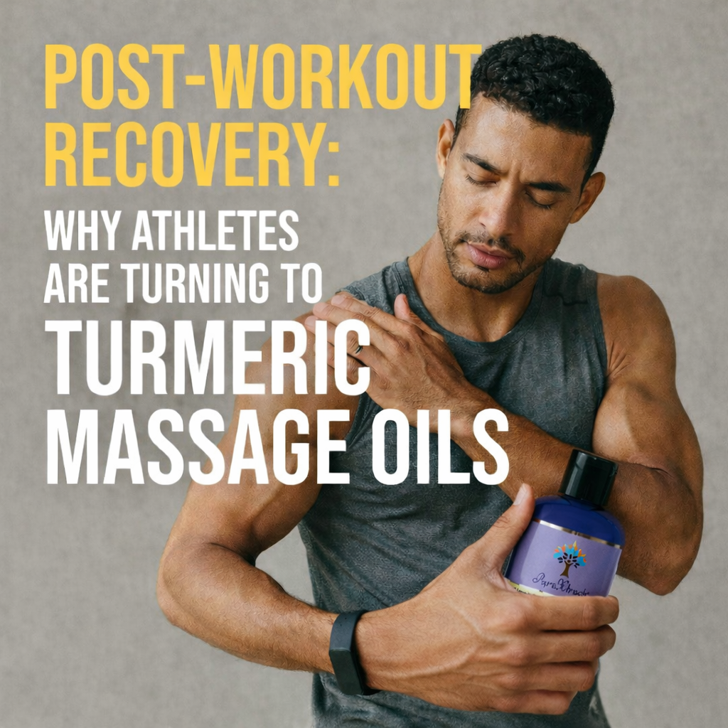 Athlete applying turmeric massage oil for natural post-workout muscle recovery