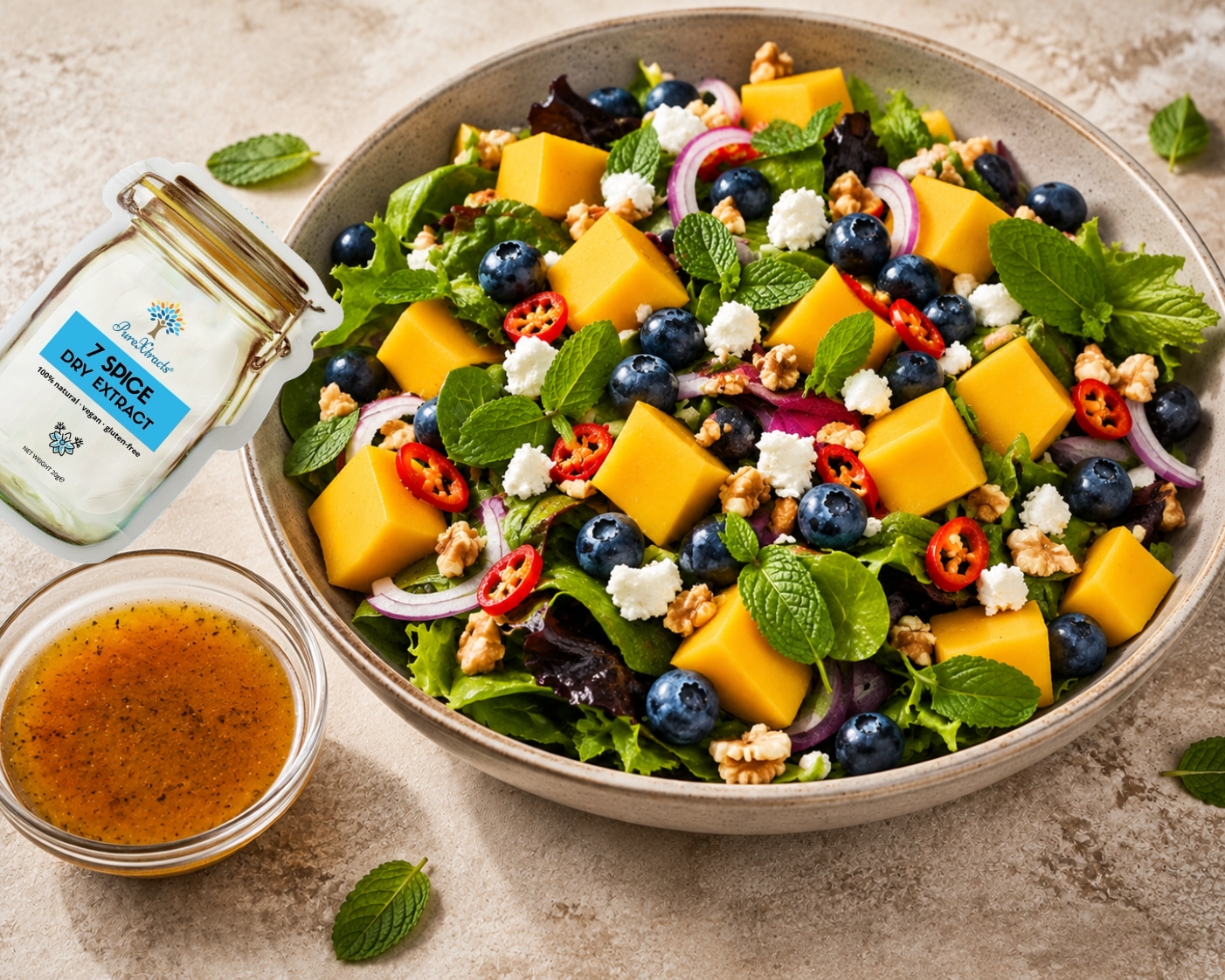 Mango, Blueberry & Feta Salad with 7 Spice Extract Dressing