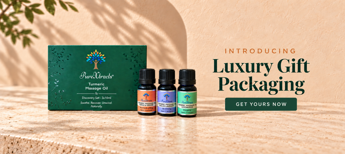 Turmeric Massage Oil Starter bottle in gift packaging- PureXtracts